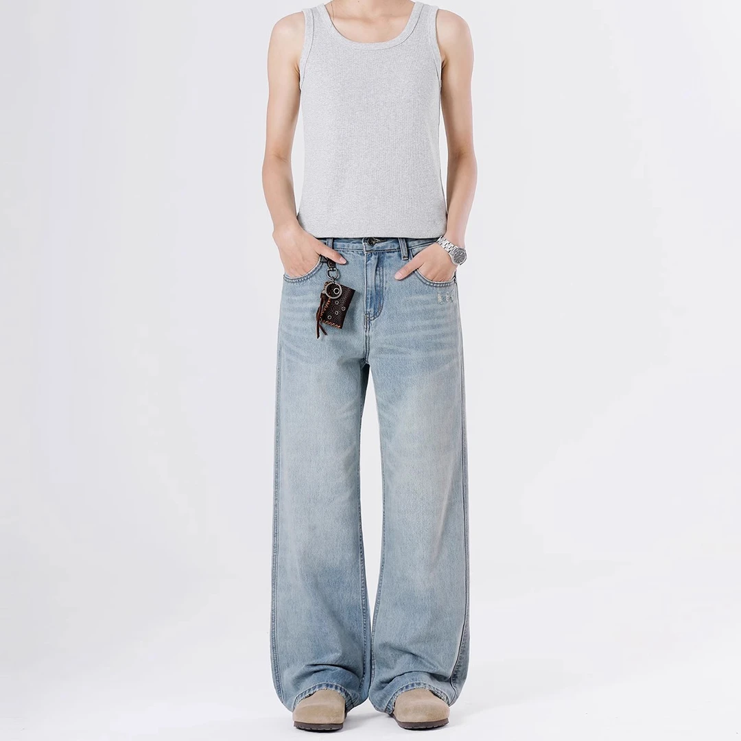 美式浅蓝色赛络纺直筒牛仔裤时尚宽松cleanfit破洞百搭休闲裤男女
