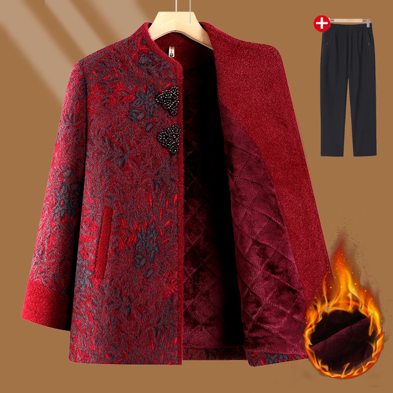 中老年人春秋装女奶奶外套加绒喜庆外套妈妈秋冬装老太太毛呢外套