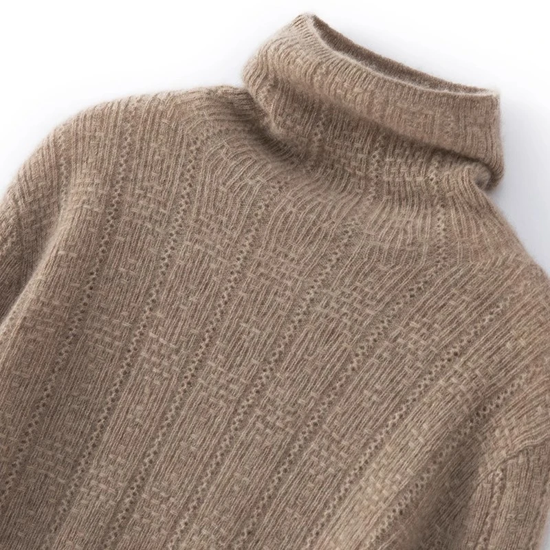 高级感镂空100%山羊绒衫女堆堆领提花打底衫配大衣针织长袖毛衣08