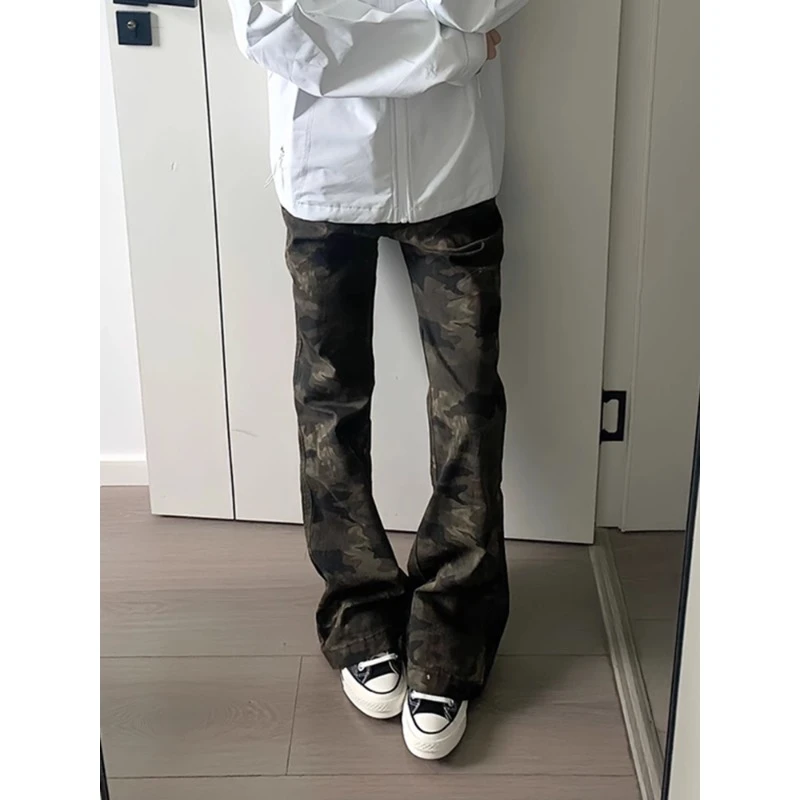 美式复古微喇叭迷彩裤男秋冬高街vibe直筒裤子修身显瘦弯刀牛仔裤