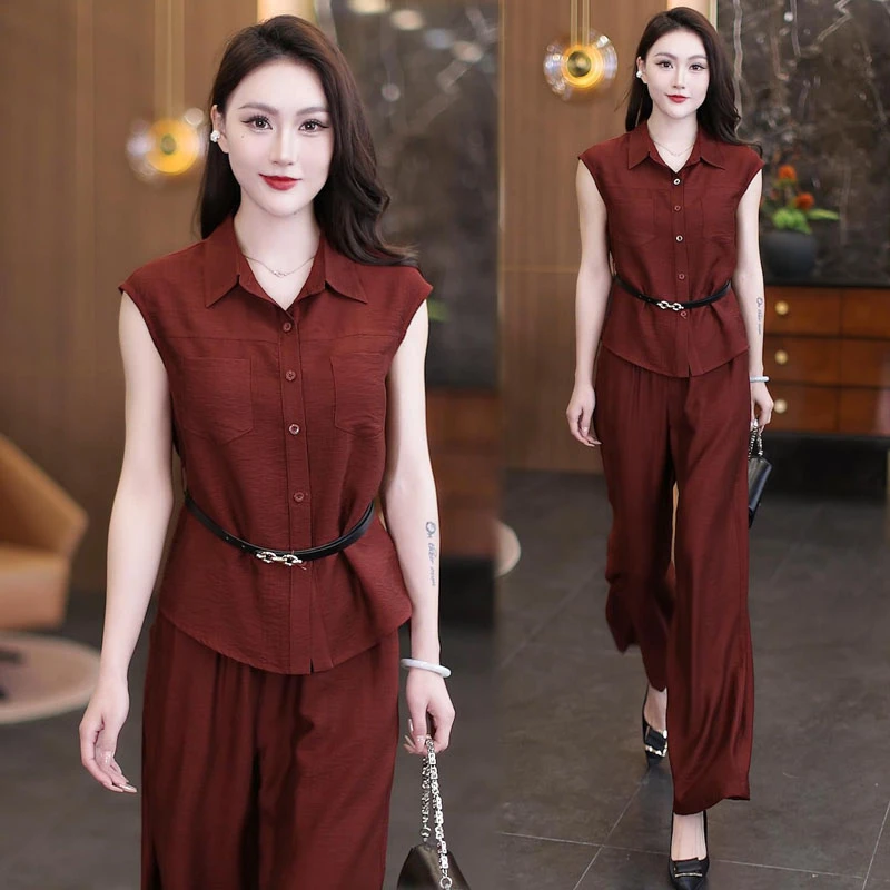 时尚套装女士2025夏季新款薄款显瘦洋气减龄衬衣阔腿裤休闲两件套