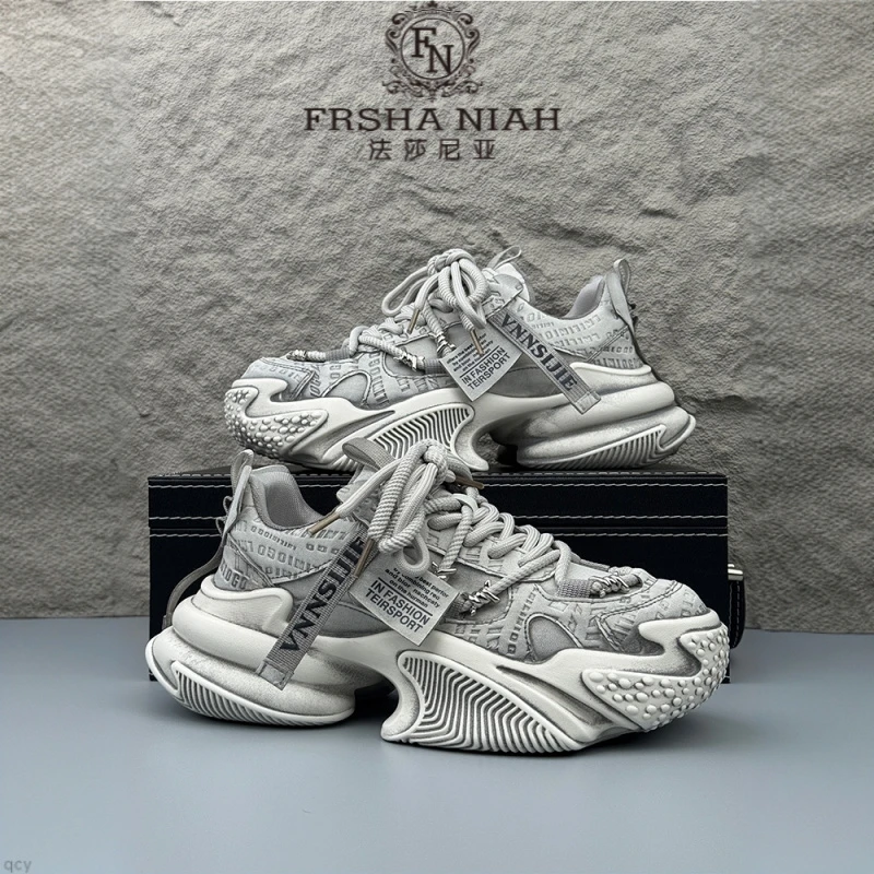 法莎尼亚男秋季新款复古做旧擦色时尚厚底增高百搭运动休闲老爹鞋