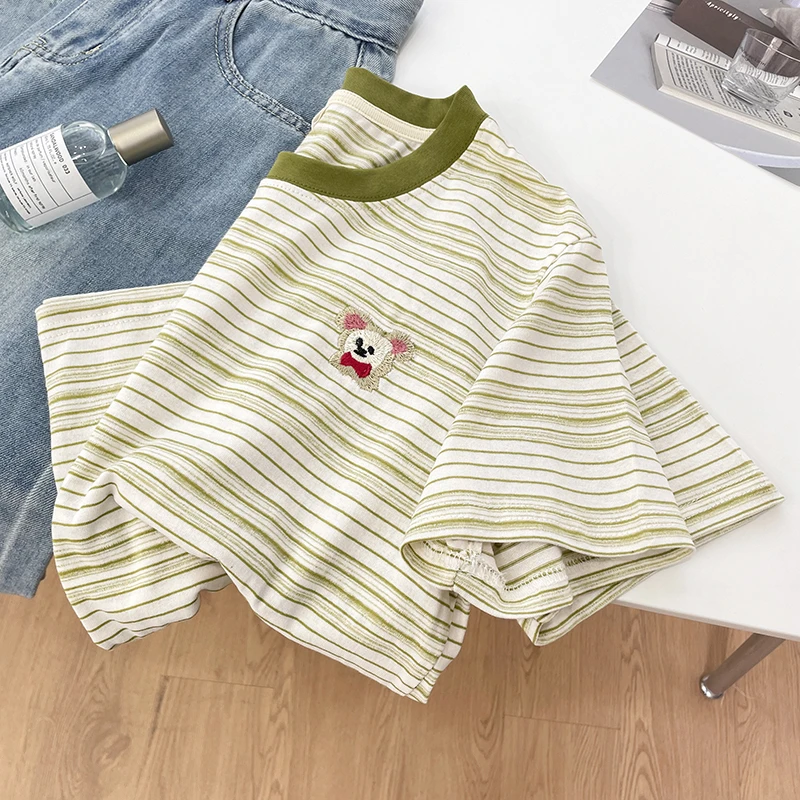 学院风减龄卡通刺绣短袖T恤2025夏季显白条纹女装宽松百搭上衣服