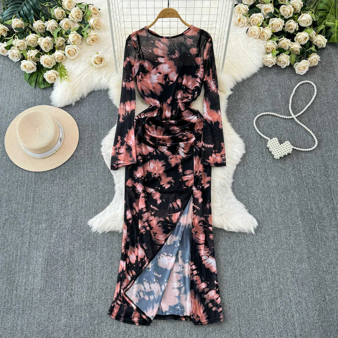 春秋时尚韩版名媛气质长袖圆领收腰显瘦包臀女人味网纱印花连衣裙