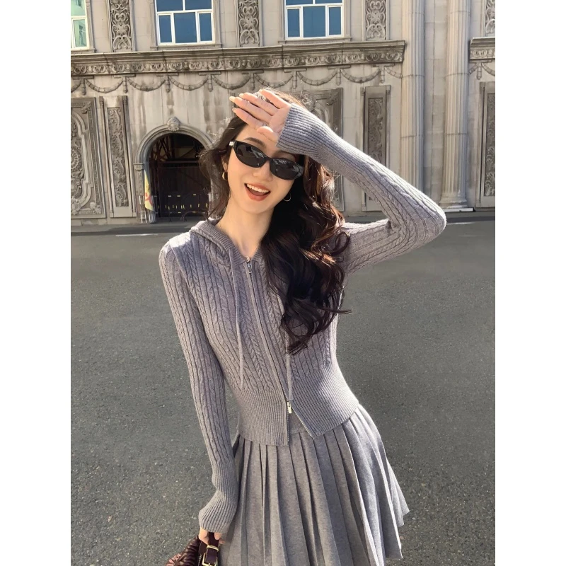 美式条款气质修身显瘦连帽长袖针织衫秋季新款休闲百褶半身短裙潮