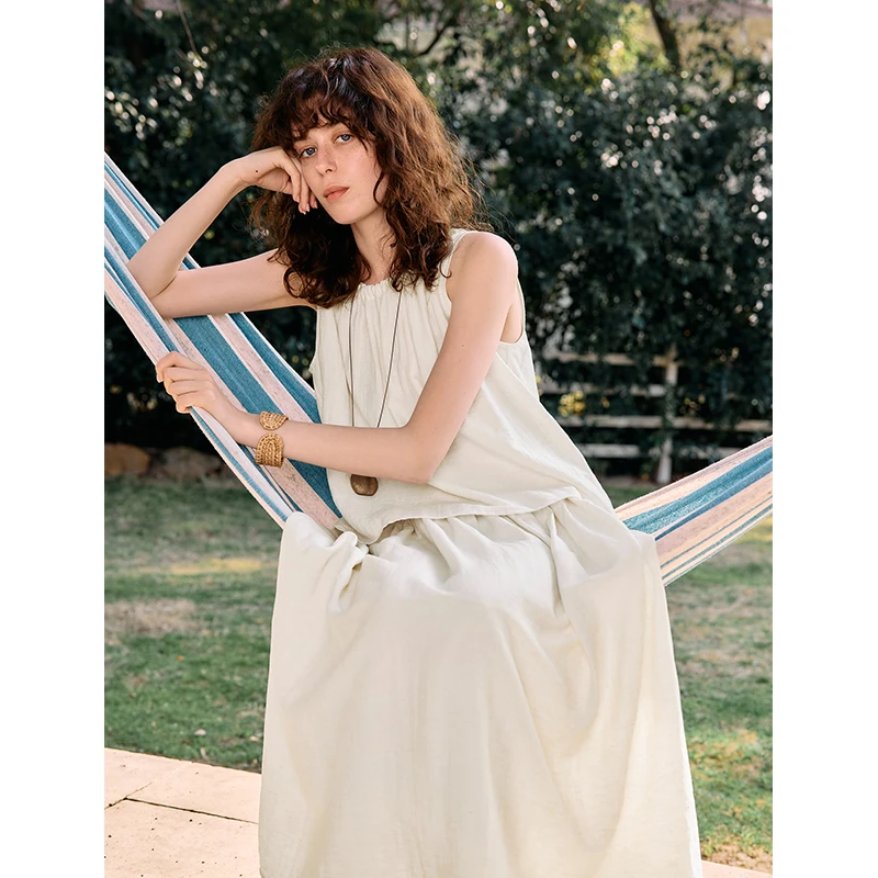 自巧小个子女装度假风亚麻衬衫半身裙无袖休闲两件套 25ZQ92042