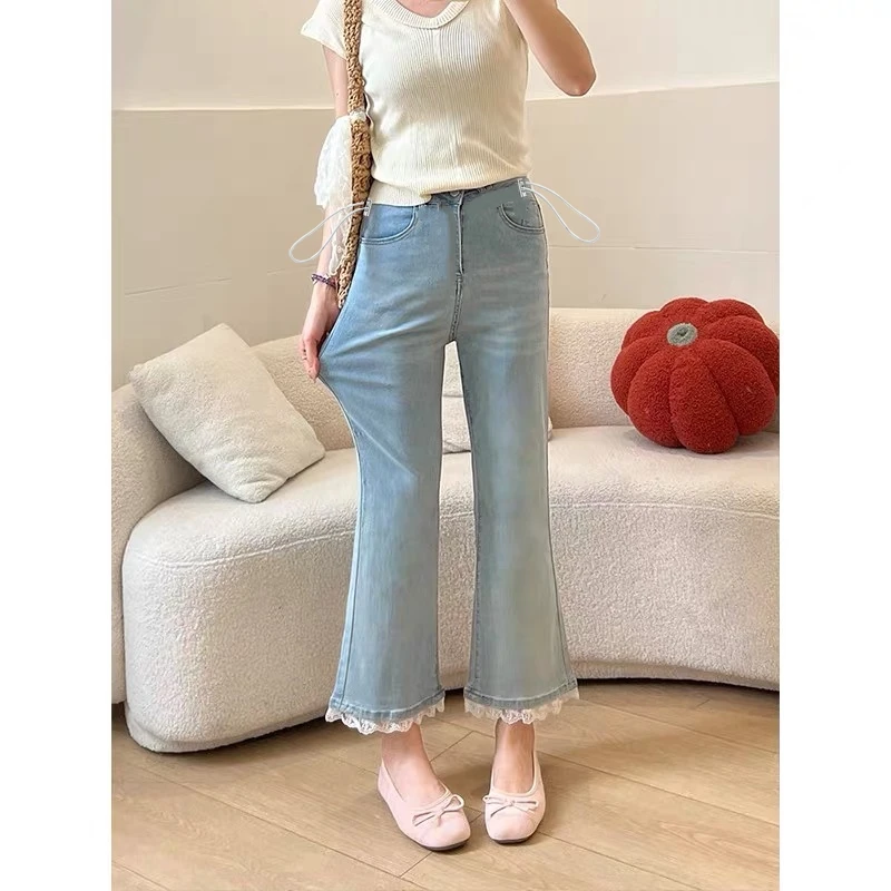 孕妇牛仔裤夏季薄款抽绳九分裤孕妇裤外穿弹力喇叭裤无托腹蕾丝边