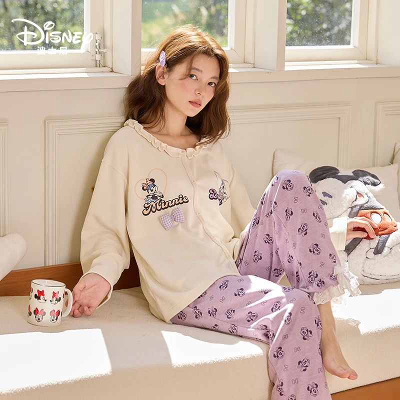 Disney迪士尼秋冬羊绒蚕丝圆领长袖长裤女士大码舒适家居服0227