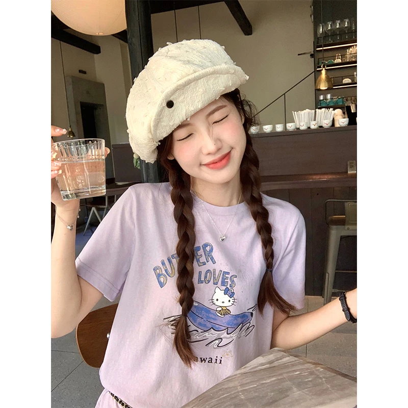 韩版卡通猫咪印花圆领短袖正肩T恤女夏季宽松体恤小个子百搭上衣