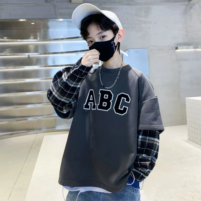 柳柳定制2025春季男女新品3003字母‘’ABC'款中大童韩版假两件卫衣