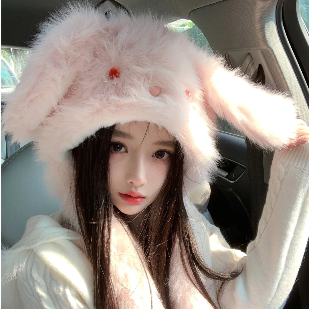 甜美毛绒长耳朵兔子雷锋帽保暖护耳户外套头帽百搭显脸小休闲帽