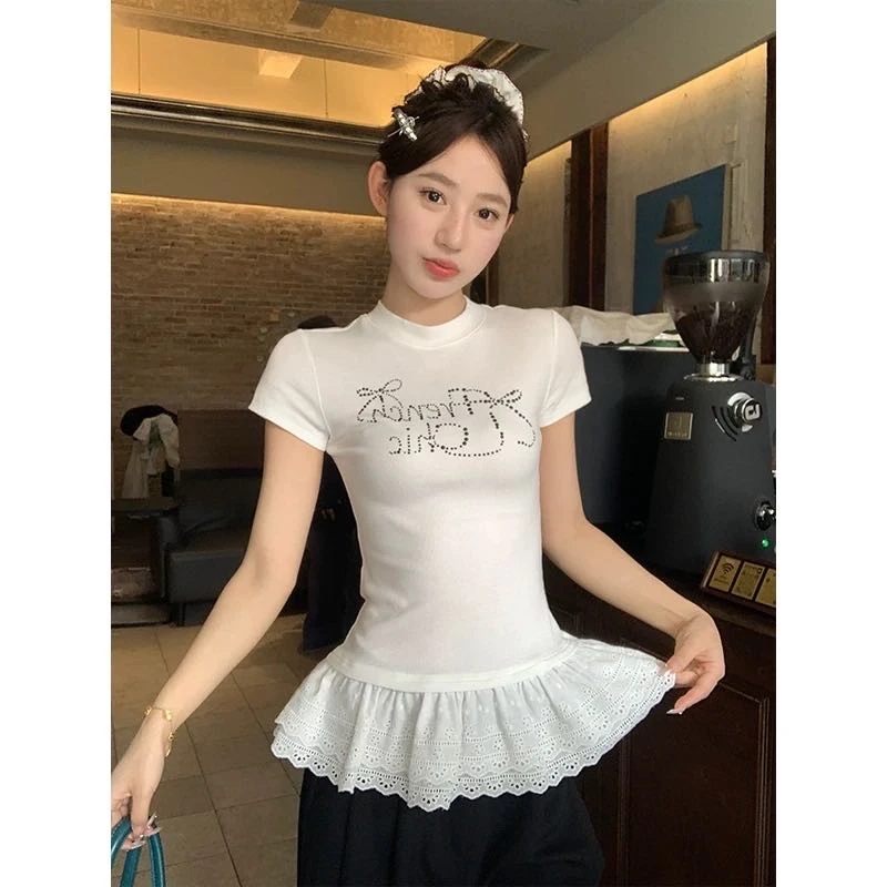 短袖烫钻钉珠蝴蝶结辣妹T恤辣妹韩版套装气质