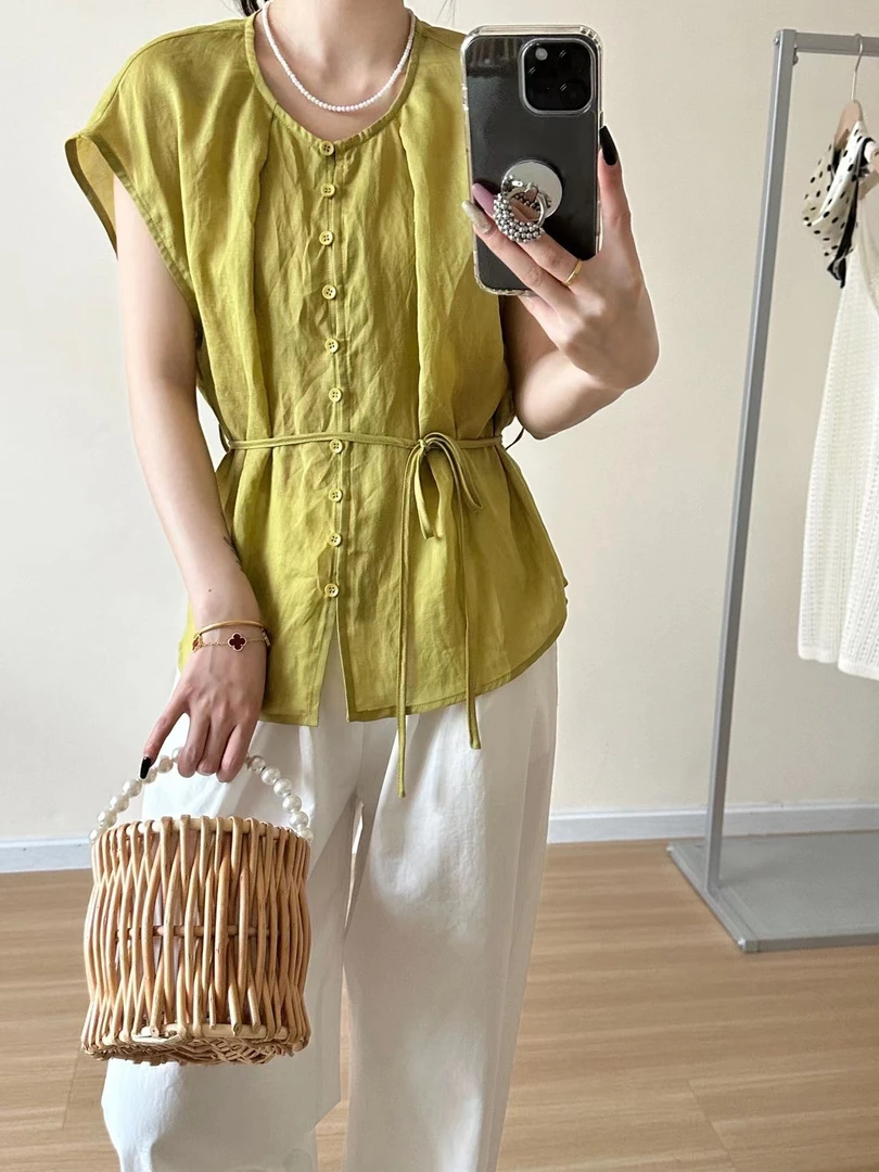 邹先森25897-30夏季新款圆领系带收腰无袖飞飞袖气质小衫显瘦