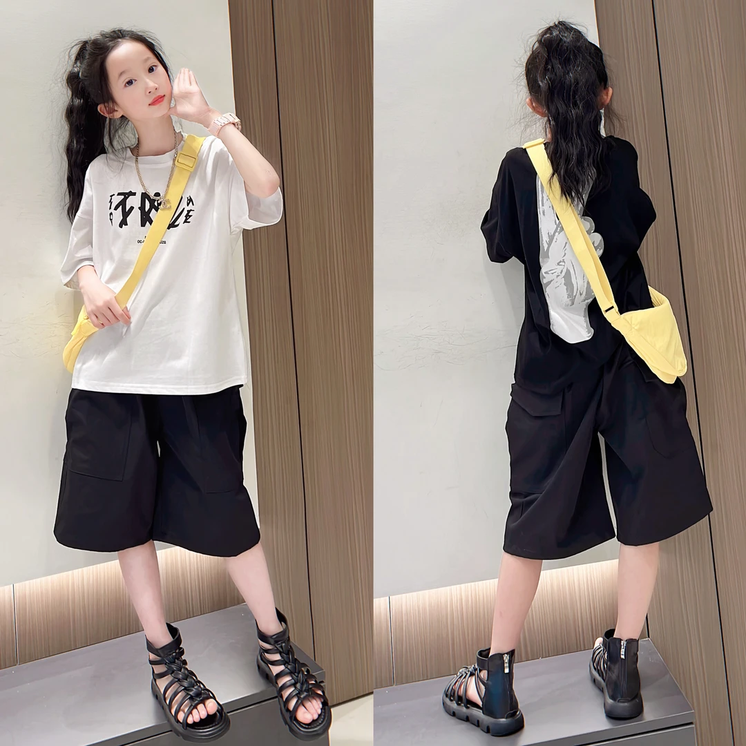 儿童短袖T恤百搭洋气2025夏季女童圆领上衣中大童潮短裤套装