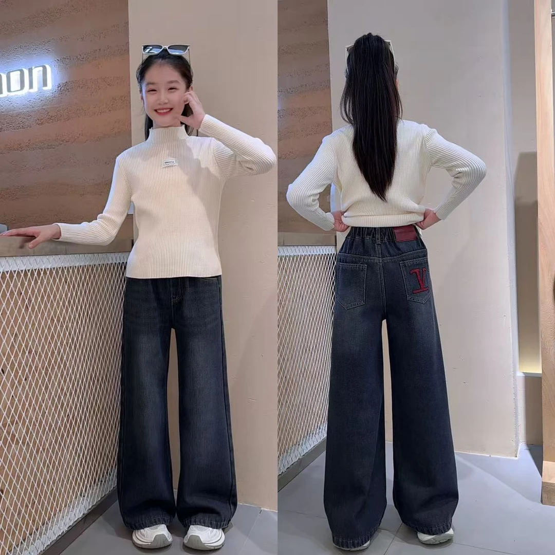 女童加绒裤子套装童装儿童百搭针织长袖毛衣休闲加绒牛仔裤套装