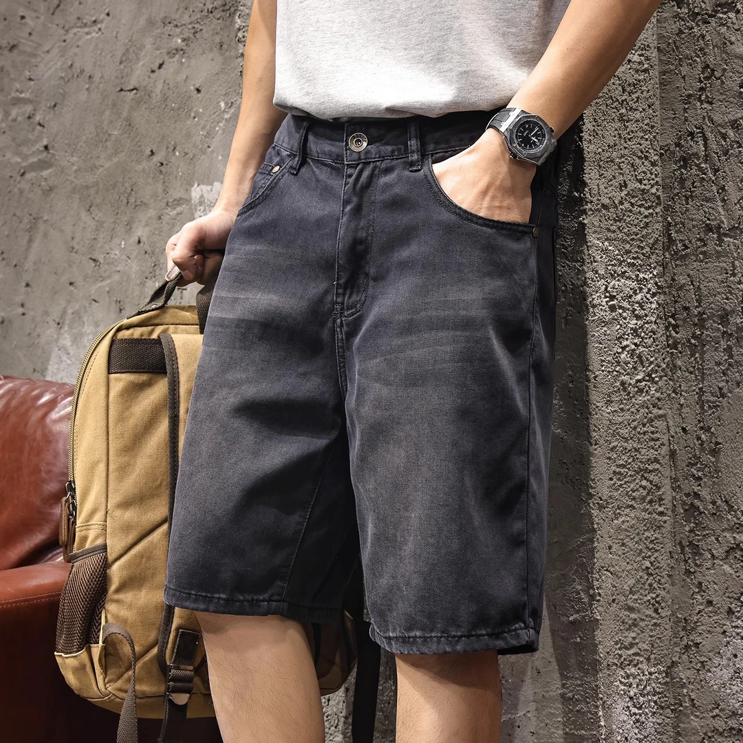 莱赛尔冰丝牛仔短裤男夏季薄款美式复古黑色耐磨直筒宽松五分裤男
