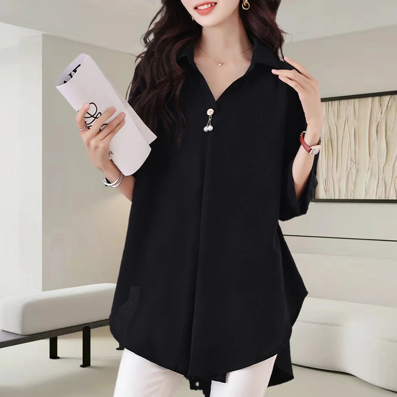 法式黑色V领衬衫女士夏装新款时尚简约胖妹妹显瘦洋气大码减龄上