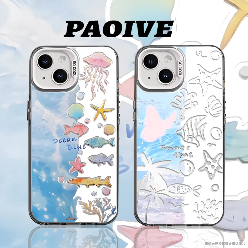 适用苹果华为vivo一加小米三星蝴蝶海洋鱼群防摔彩银手机壳