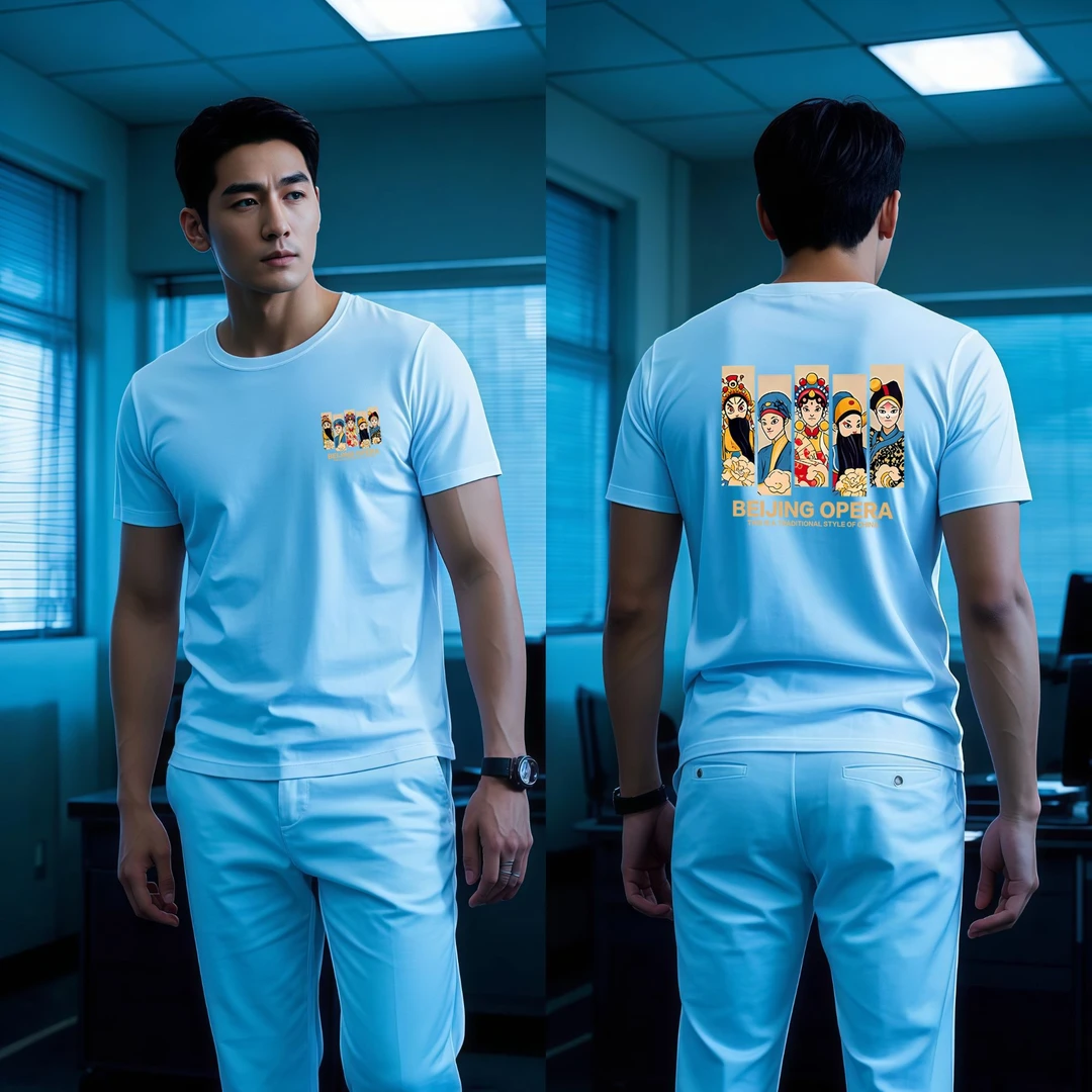 京剧夏季圆领男士青年国风重磅纯棉短袖T恤ins潮牌街头宽松半袖