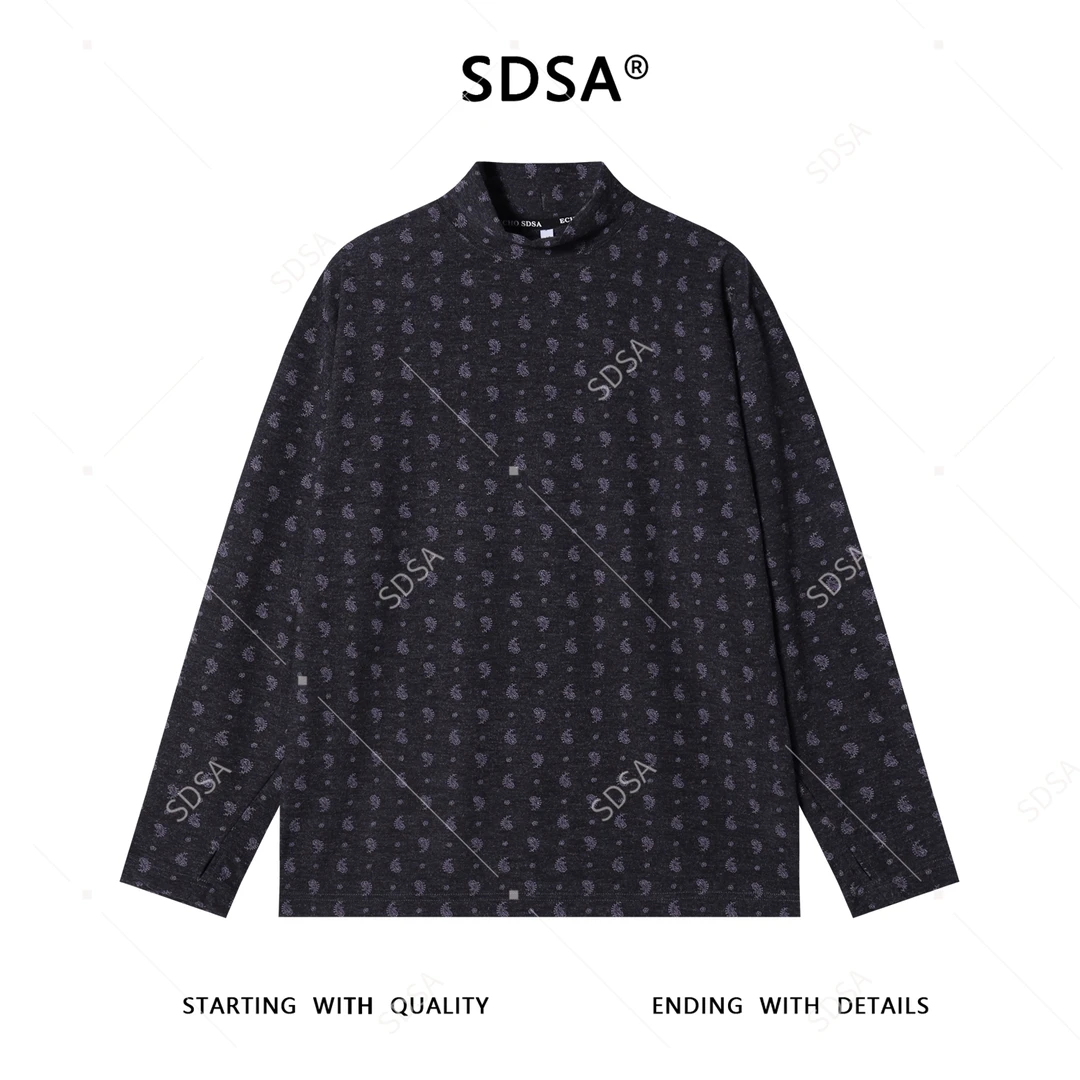 SDSA男士秋冬新款痞帅男装韩版撞色满印花卉半高领长袖T恤百搭潮