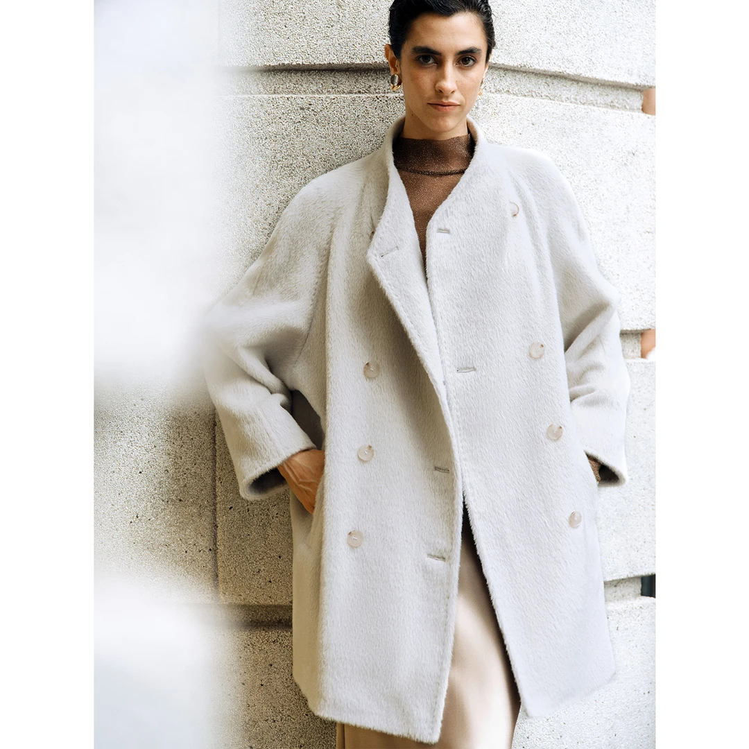 MARIUS“鱼子酱大衣”意大利鼎级BABY SURI毛双排扣A摆大衣