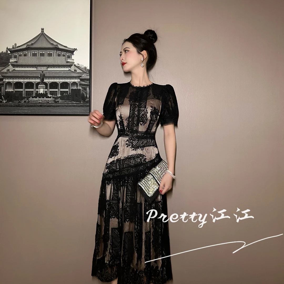Pretty小众设计师品牌江江定制 夏季蕾丝气质轻熟优雅连衣裙21832
