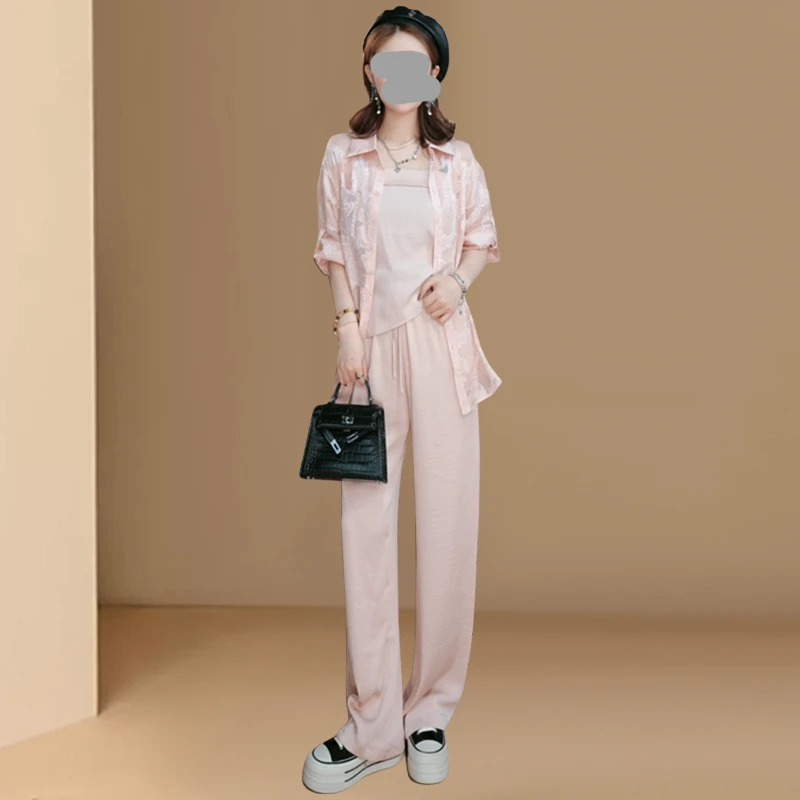 2025年夏季欧若风穿搭粉色宽松慵懒休闲衬衫背心阔腿裤三件套装女