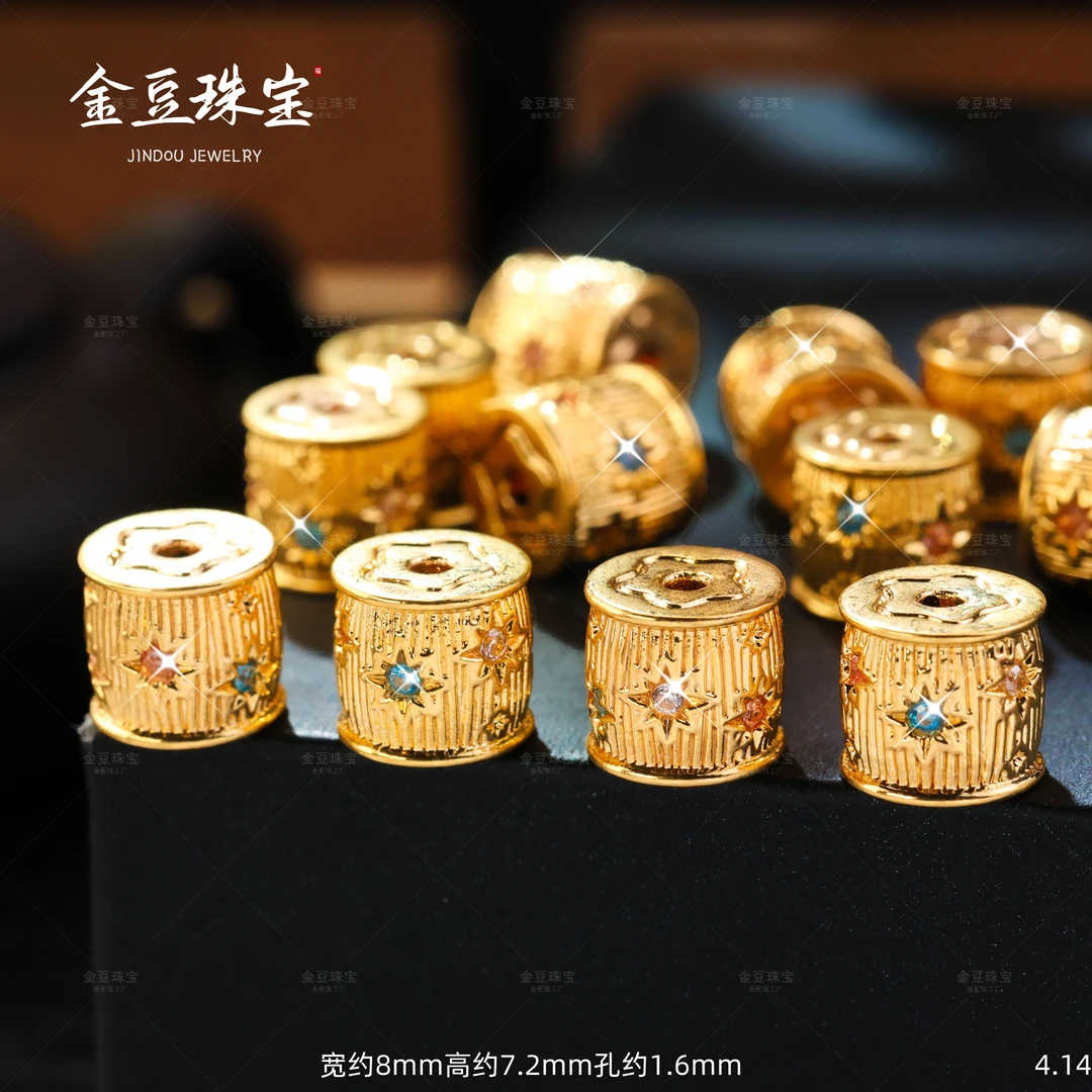 【金豆工厂】18K金豪镶8mm彩色拉丝八芒星桶珠隔珠路路通（厚5D金）F