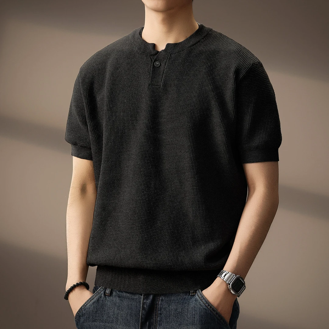 高端美式覆古重磅亨利领短袖Polo衫男老钱风休闲半袖修身针织T恤