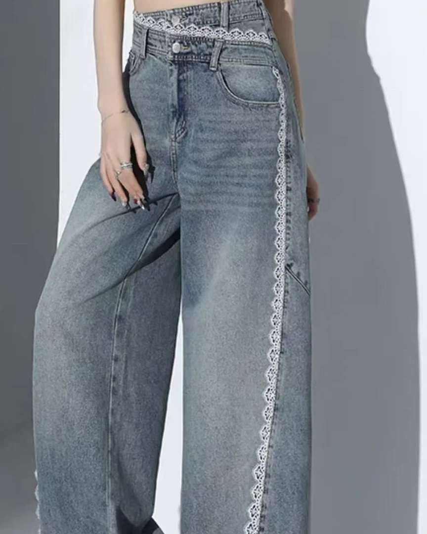 中腰花边蕾丝夏季长裤牛仔裤阔腿裤直筒蓝色百搭宽松