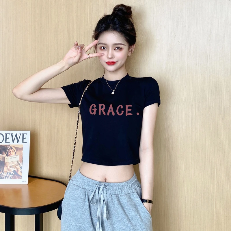 黑色短款半高领t恤短袖洋气衣服女夏季紧身露脐纯欲甜美可爱女装
