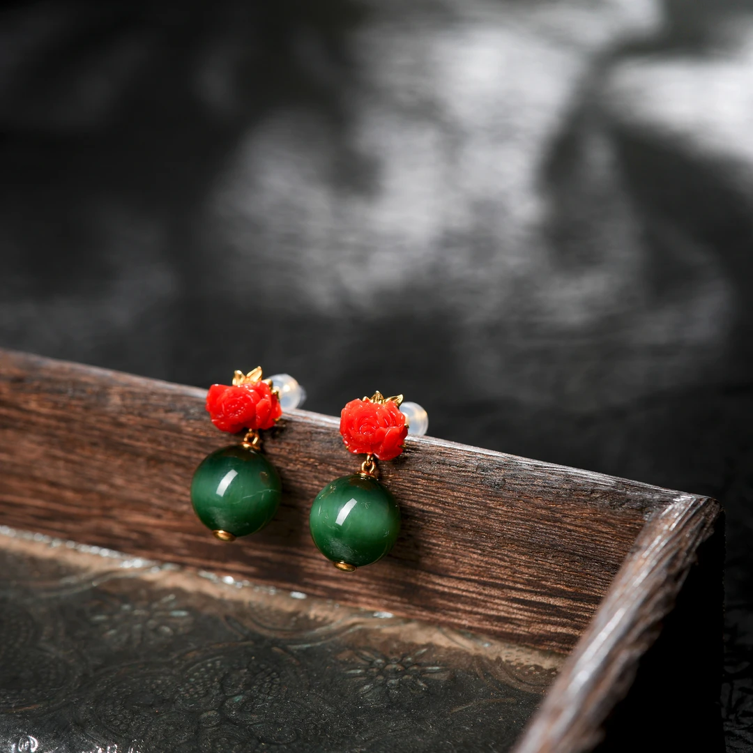 『博姐』·漫野丨珊瑚18K金传世级国风耳坠约12mm*E1564高级撞色灵动