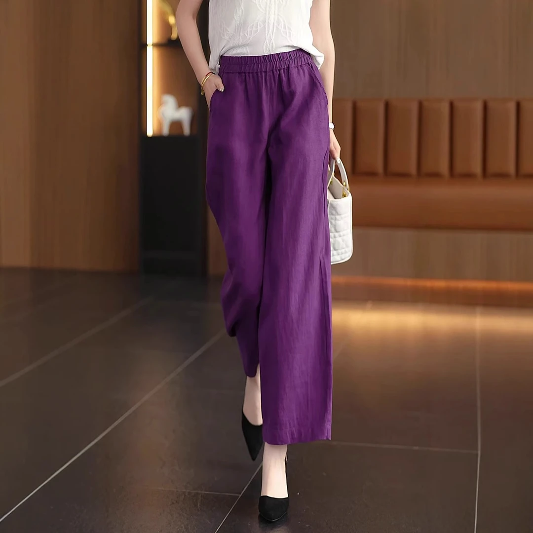 紫色亚麻慵懒松弛感裤子女2025夏直筒长裤高腰显瘦垂感阔腿休闲裤