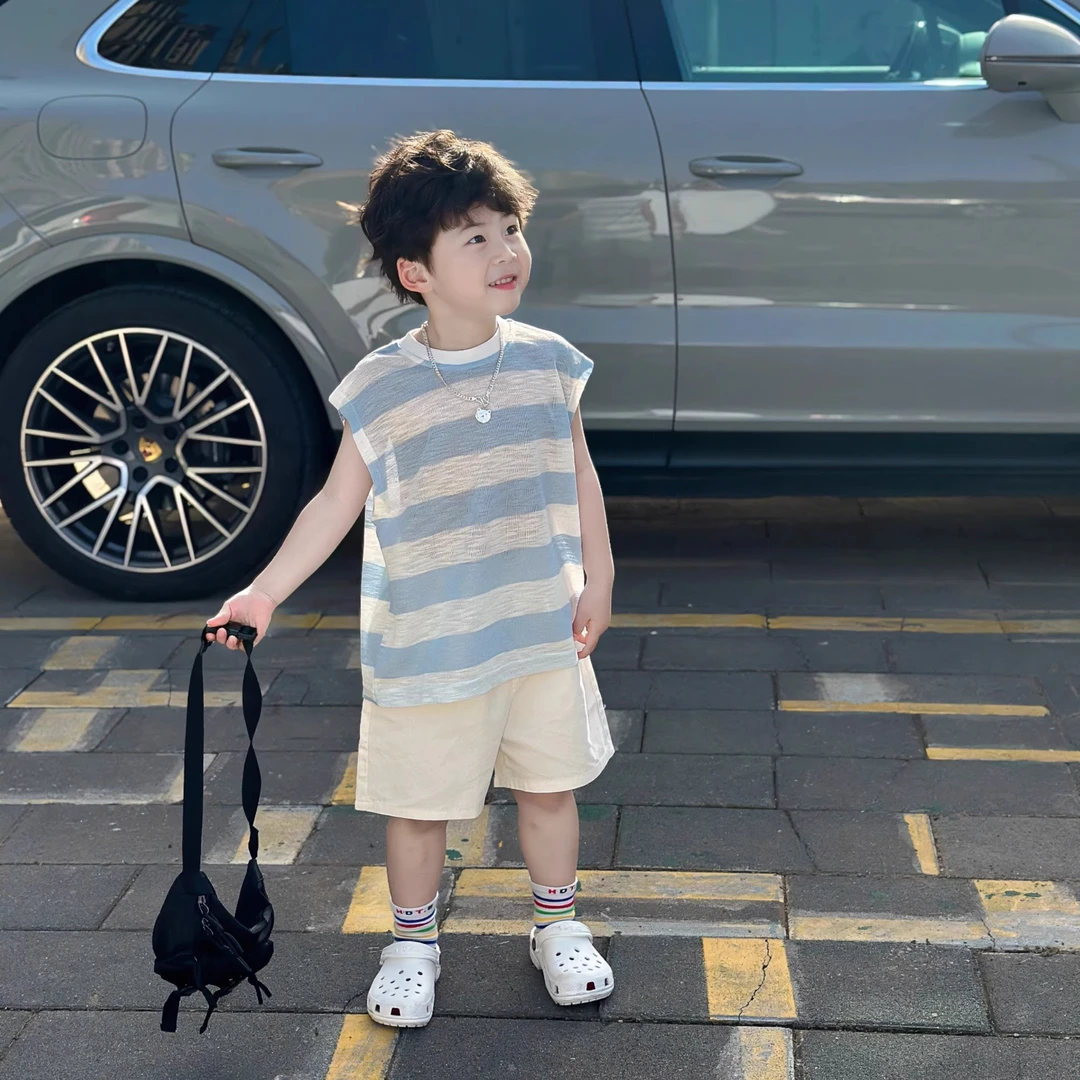 儿童2025夏季新款小清新时尚蓝白条纹薄款透气背心洋气