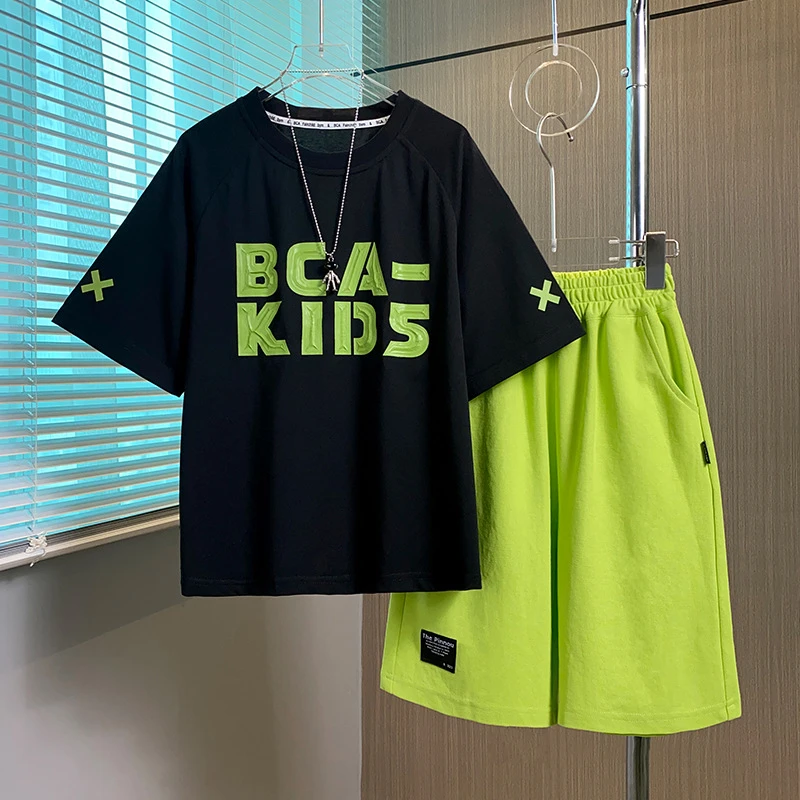 2025夏季新款青少年休闲套装宽松潮流帅气运动短袖T恤两件套短裤