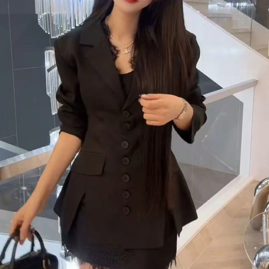 羞羞大码【绯红少女】千金风蕾丝长袖西装外套高腰短裙精致两件套