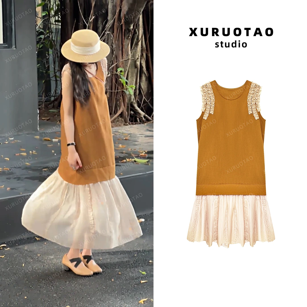 XURUOTAO 【风吹麦浪】亚麻天丝拼接设计显瘦棕黄色连衣裙 T5430