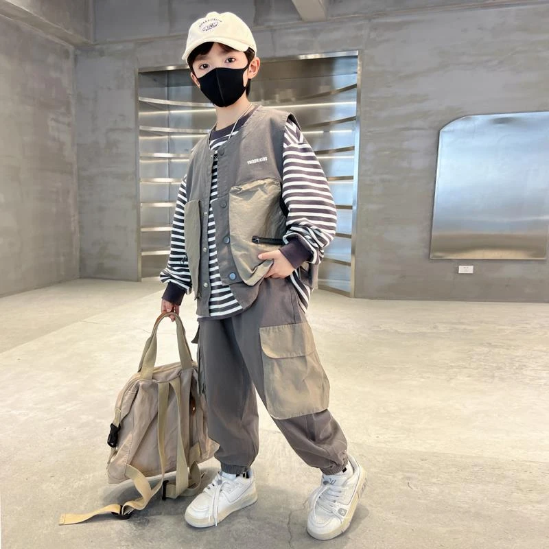 男童春秋套装2025新款中大童马甲条纹卫衣秋装洋气儿童工装三件套