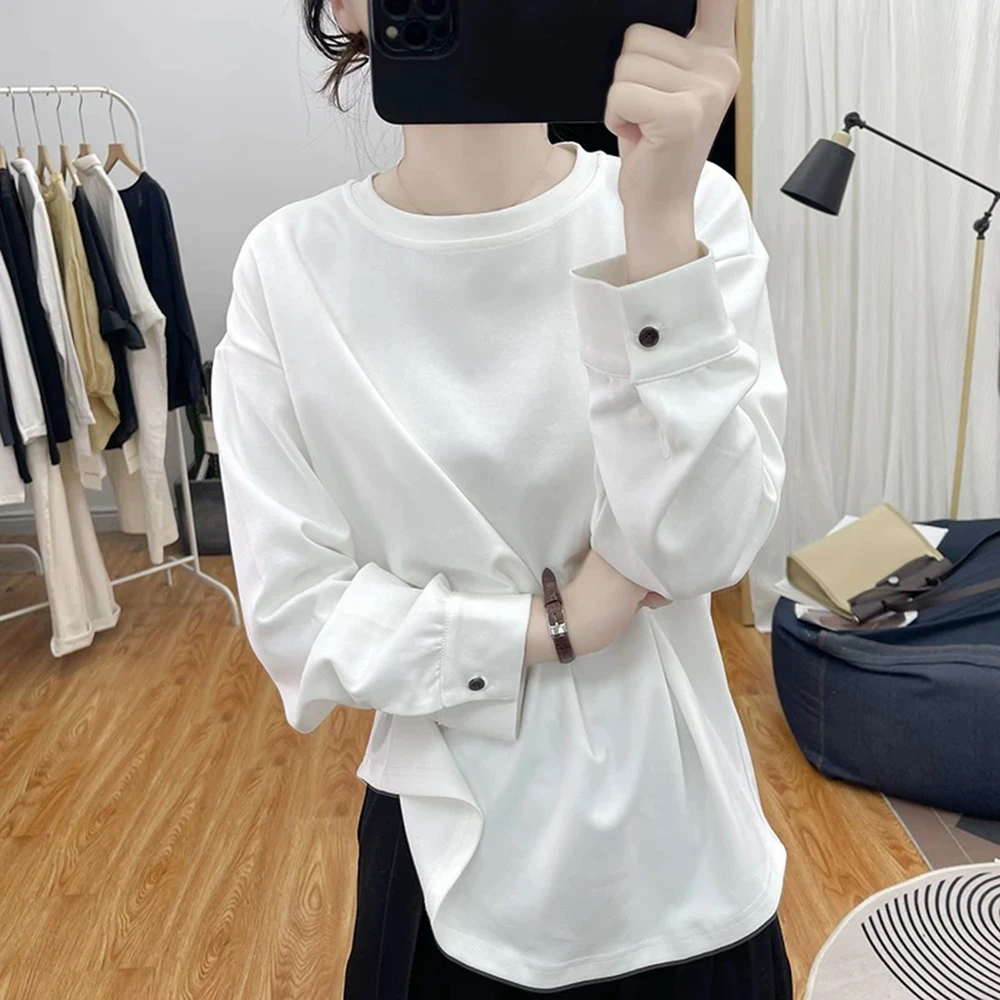 早秋港风复古设计纯棉长袖T恤女袖子纽扣上衣2025新款圆领打底衫