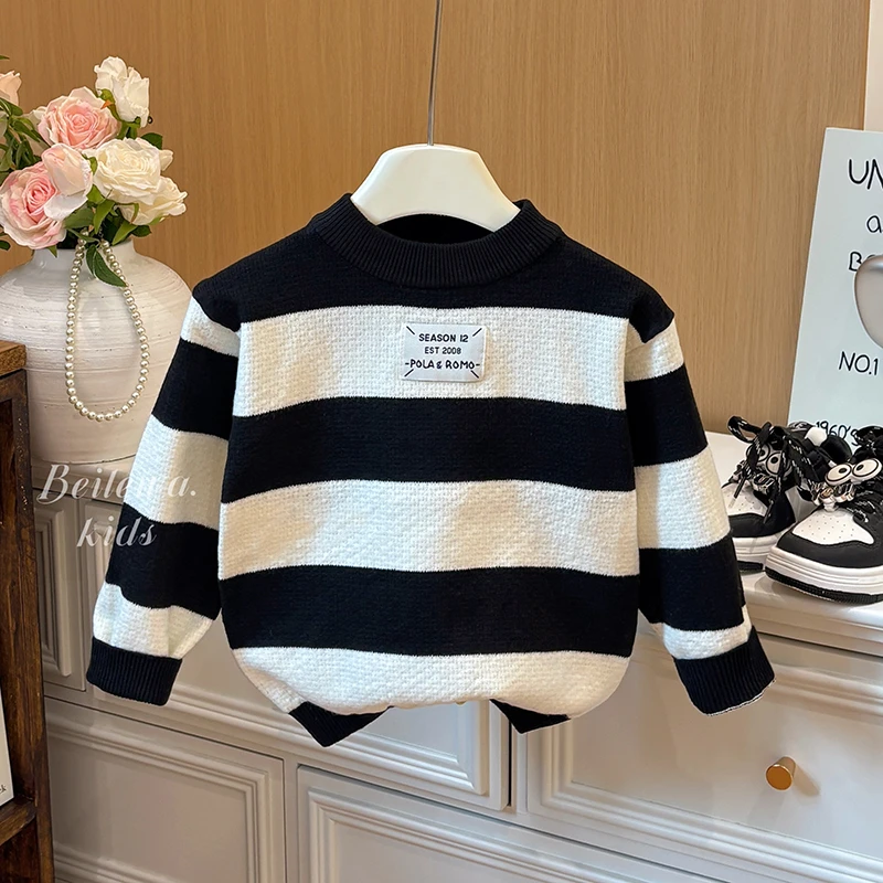 新款儿童韩版黑白条纹毛衣秋冬季宽松针织衫男宝宝洋气套头秋装潮
