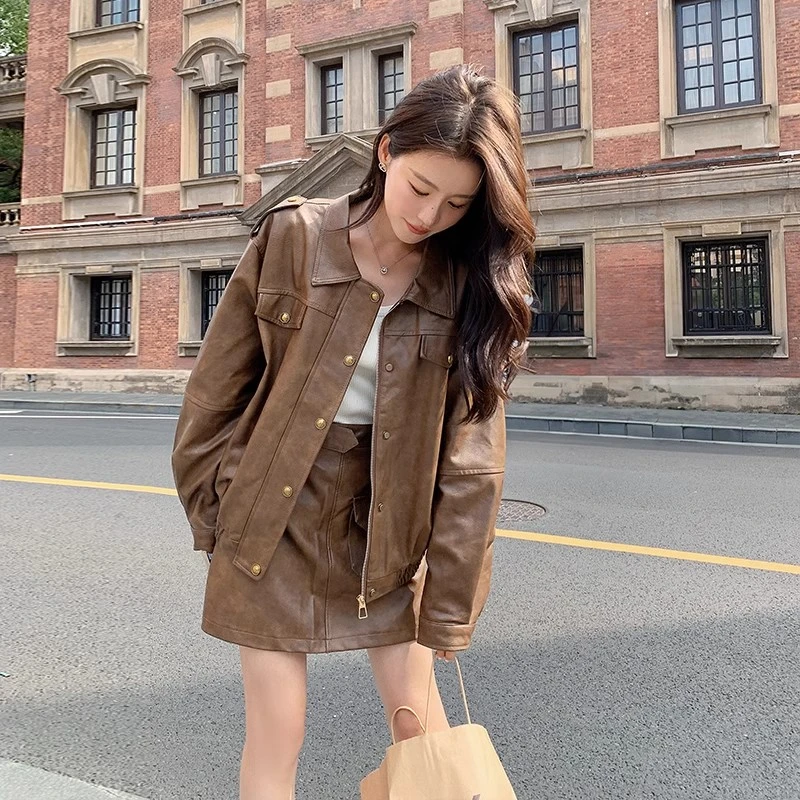 咖色美拉德穿搭皮衣外套女2025新款春季学院风棕色皮衣美式皮夹克