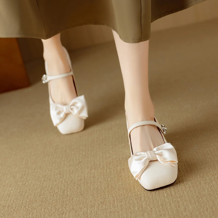 全羊皮~4cm米白色单鞋女浅口蝴蝶结方头玛丽珍鞋女中粗跟软底气质