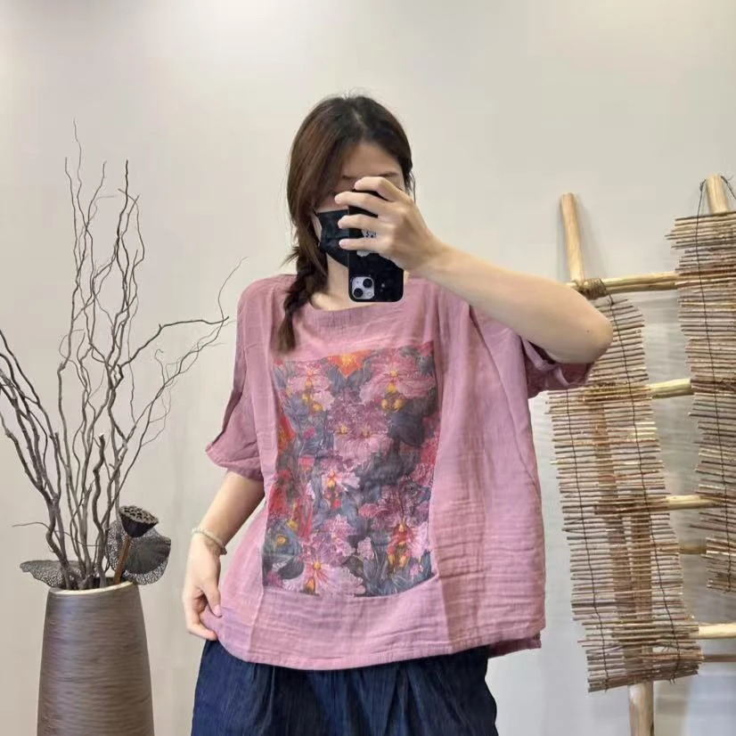 大版宽松休闲复古印花圆领植物花卉常规款T恤民族风巴恩风大码