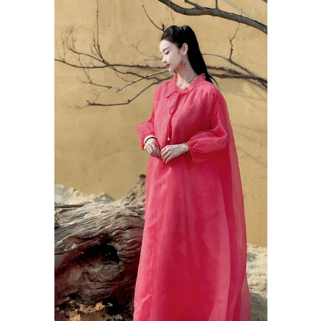 【俏佳人】YAMO2025春夏新款植物染桑蚕丝重磅气质大气遮肉连衣裙