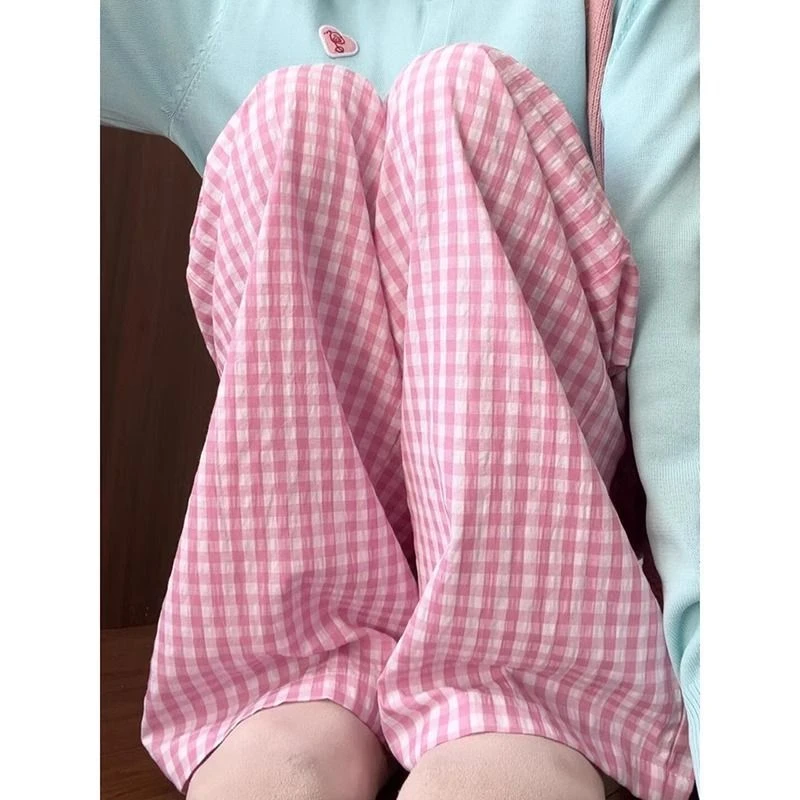 多巴胺格子裤子女春夏2025新款垂感休闲慵懒宽松直筒小个子山本裤