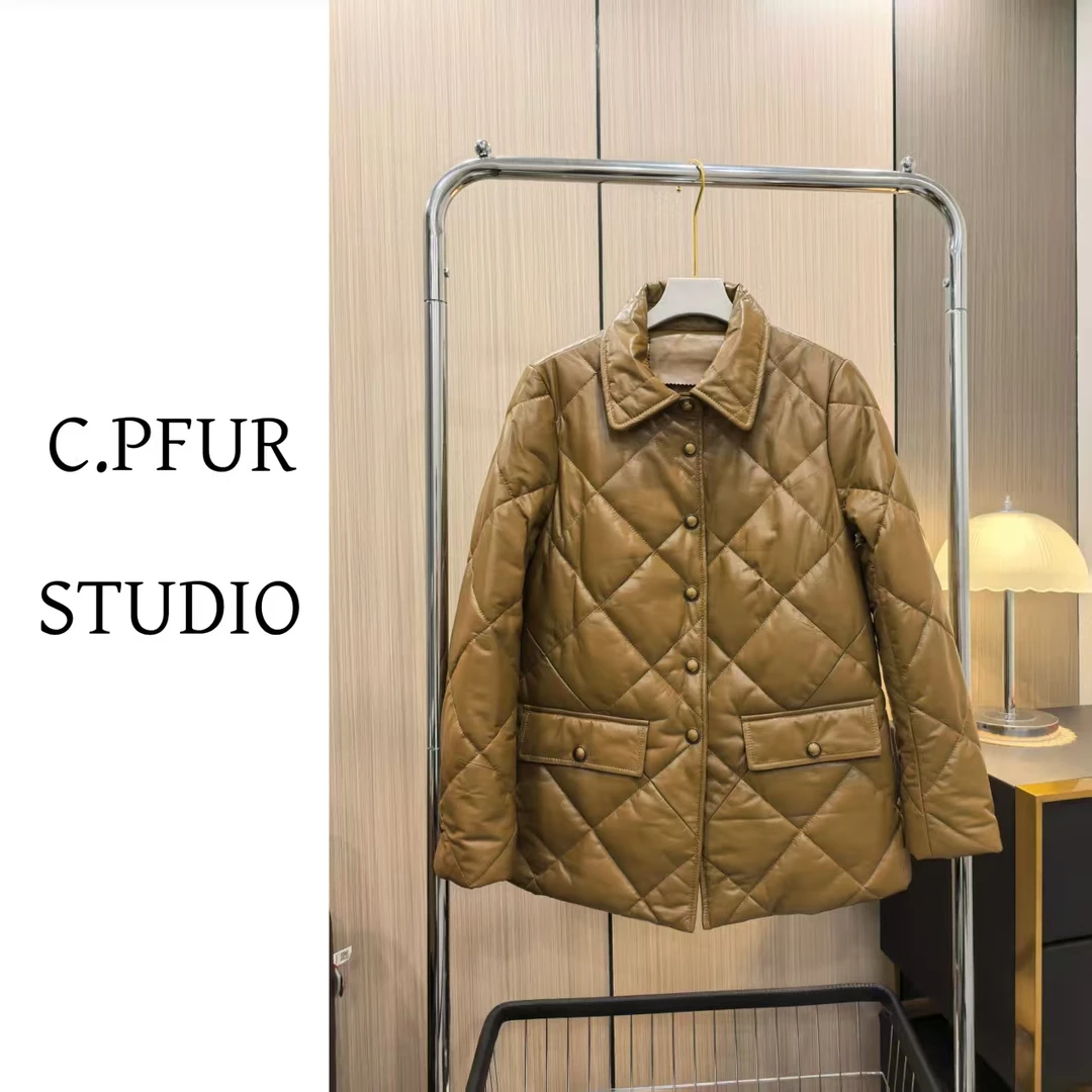 C.PFURSTUDIO25467海宁冬季新款中款女皮衣羽绒服设计师百搭菱格