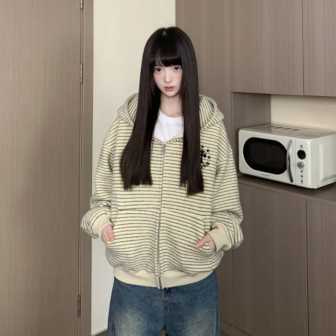 TOM潮  美式复古毛呢刺绣印花条纹连帽针织外套秋季宽松百搭情侣