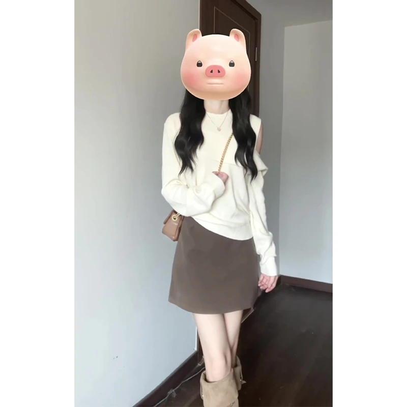 2025秋季新款女法式气质露肩不规则长袖针织上衣百搭高腰半身裙