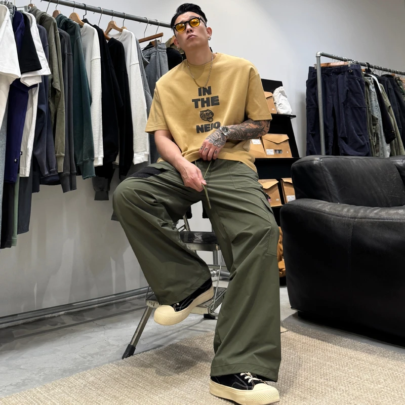 郑郑郑NEIQ硬汉黑丝网格口袋户外多口袋休闲工装裤松紧腰头直筒裤