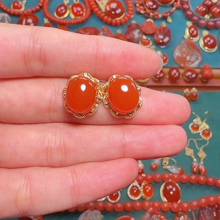 南红玛瑙银S925镶嵌耳饰